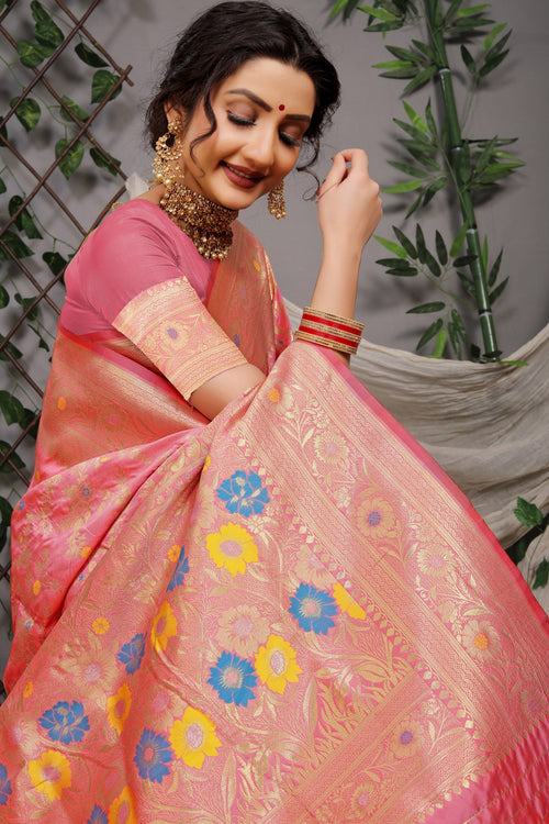 Load image into Gallery viewer, Magnetic Pink Banarasi Silk Saree With Skinny Blouse Piece
