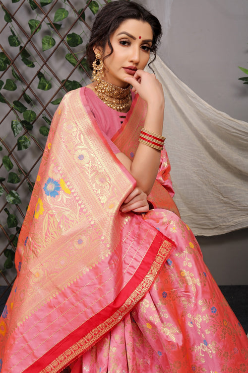 Load image into Gallery viewer, Magnetic Pink Banarasi Silk Saree With Skinny Blouse Piece
