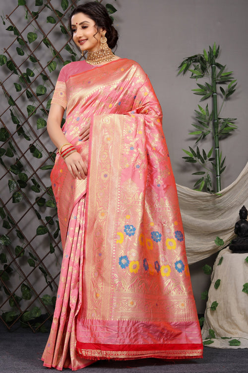 Load image into Gallery viewer, Magnetic Pink Banarasi Silk Saree With Skinny Blouse Piece
