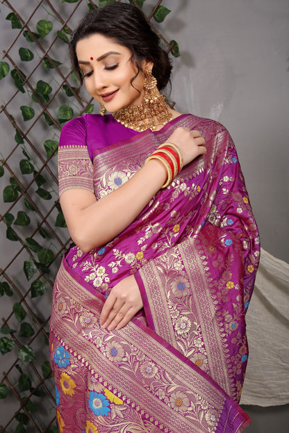Surreptitious Purple Banarasi Silk Saree With Skinny Blouse Piece
