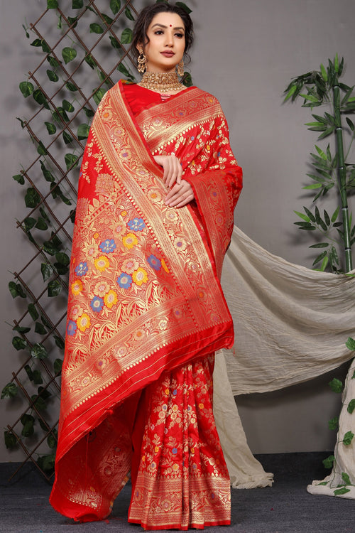 Load image into Gallery viewer, Denouement Red Banarasi Silk Saree With Skinny Blouse Piece
