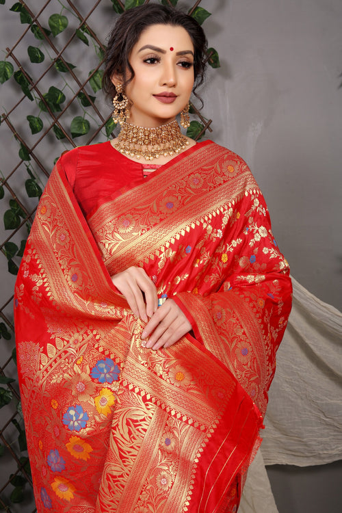 Load image into Gallery viewer, Denouement Red Banarasi Silk Saree With Skinny Blouse Piece
