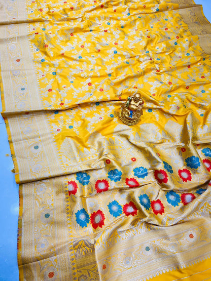 Staggering Yellow Banarasi Silk Saree With Skinny Blouse Piece