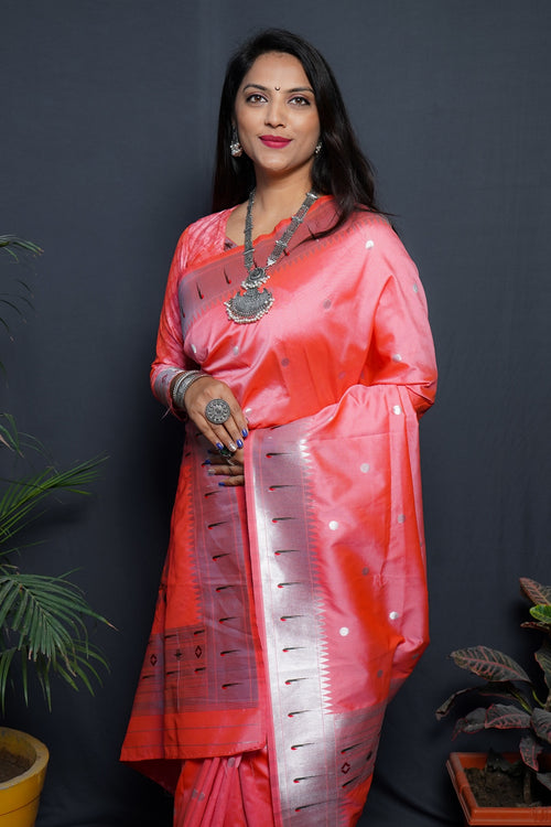 Load image into Gallery viewer, Divine Baby Pink Paithani Silk Saree With Angelic Blouse Piece
