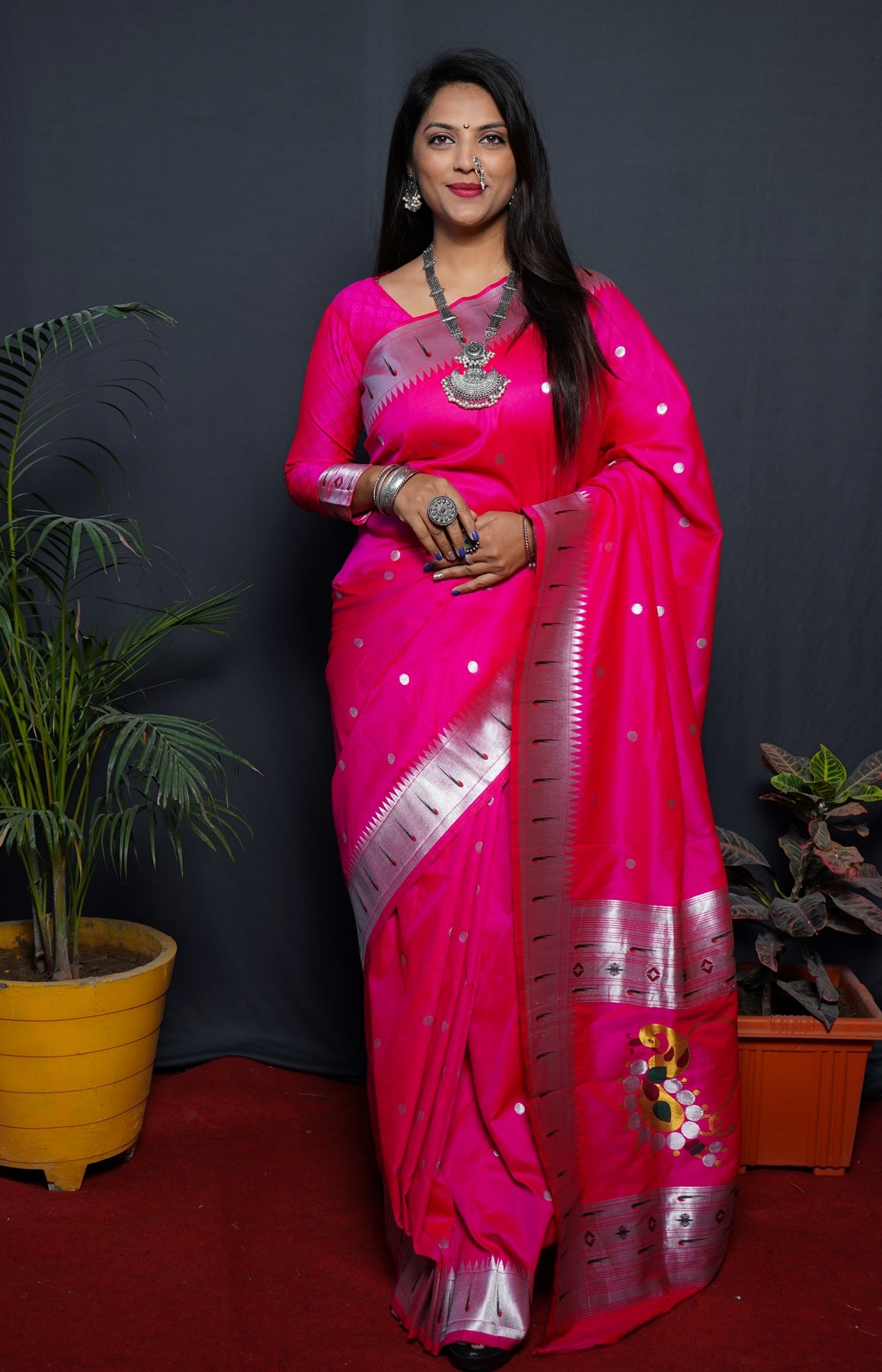 Comely Dark Pink Paithani Silk Saree With Angelic Blouse Piece