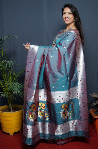Excellent Grey Paithani Silk Saree With Angelic Blouse Piece