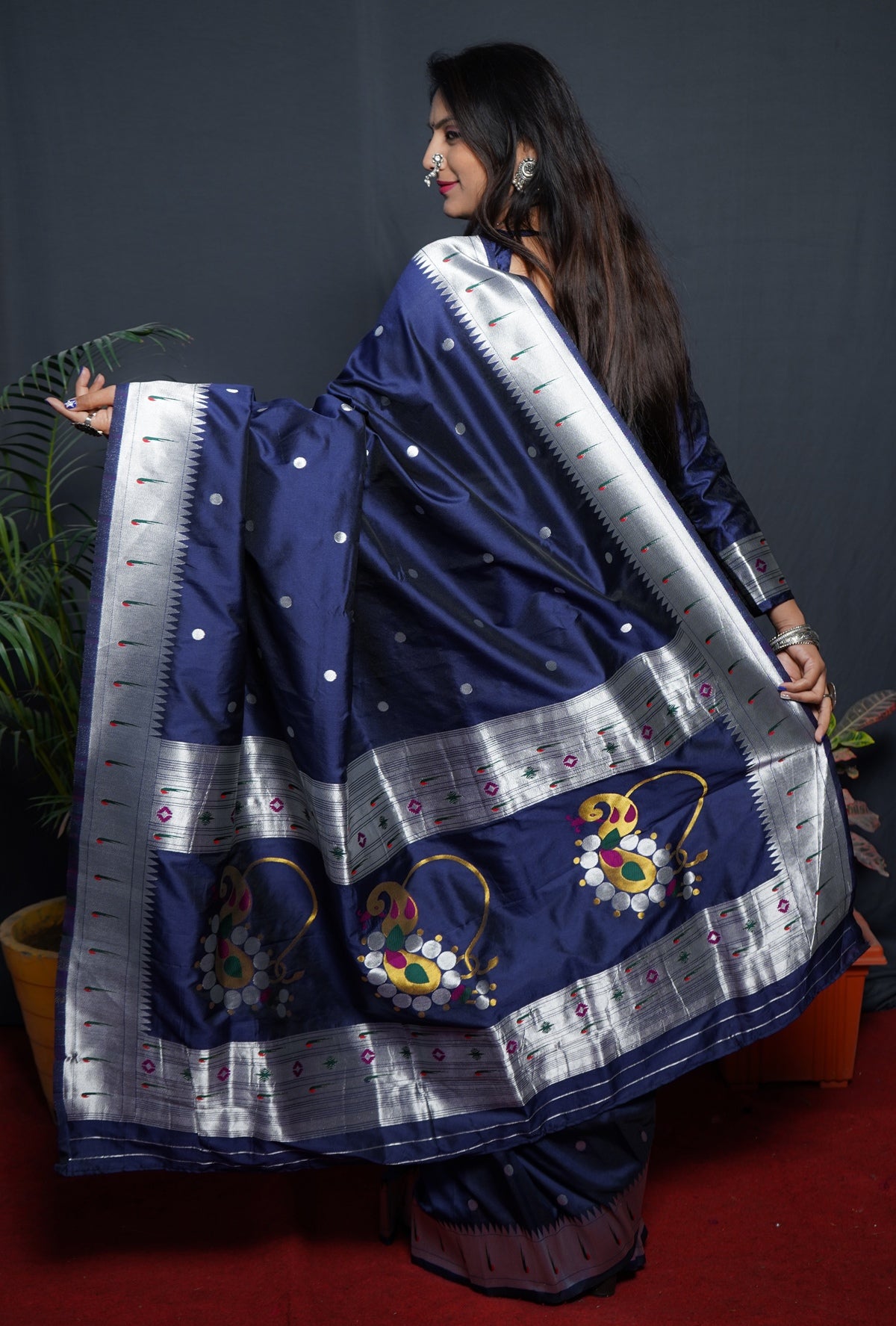 Angelic Navy Blue Paithani Silk Saree With Angelic Blouse Piece
