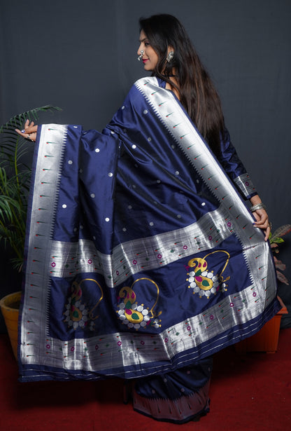 Angelic Navy Blue Paithani Silk Saree With Angelic Blouse Piece