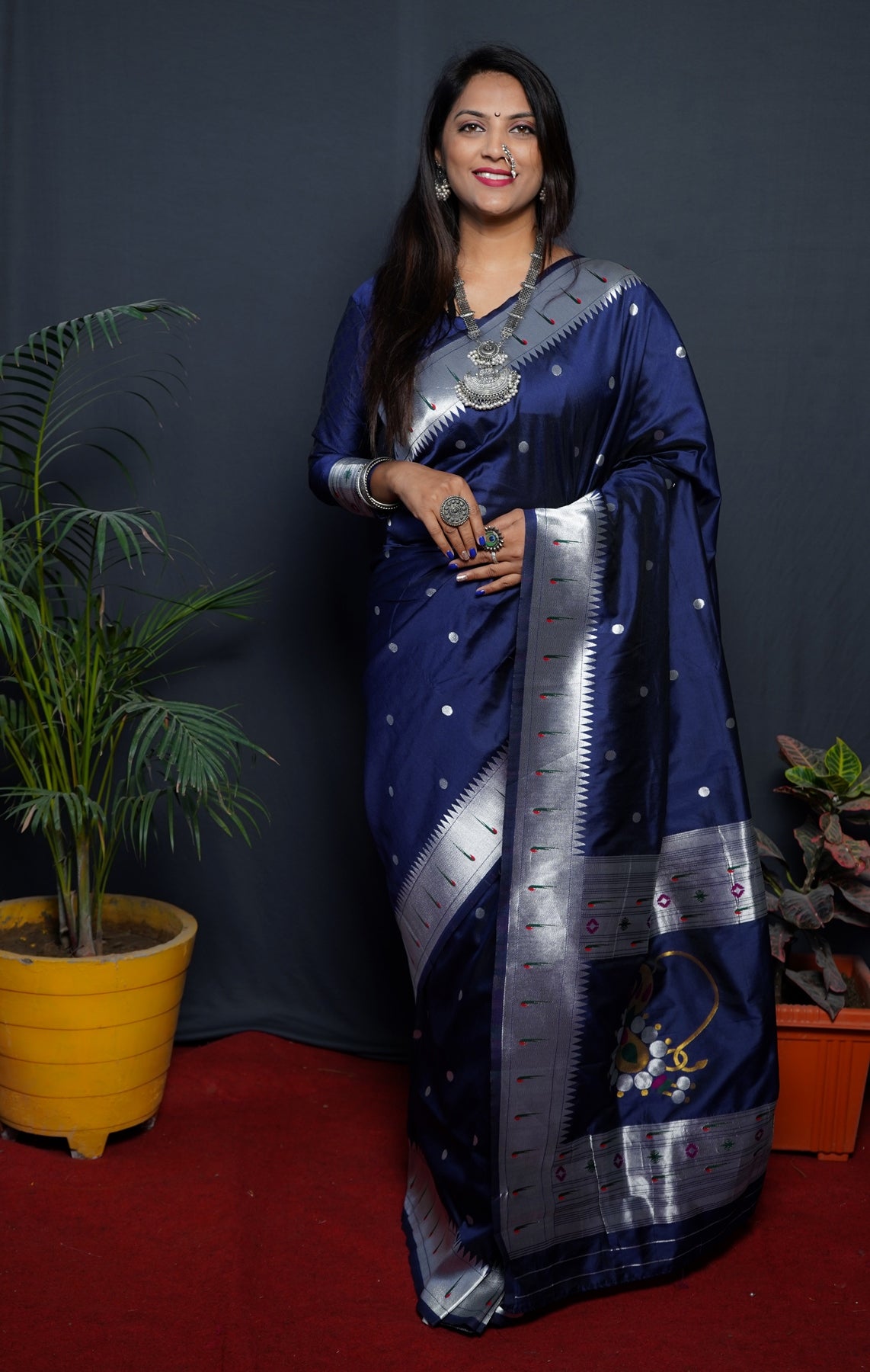 Angelic Navy Blue Paithani Silk Saree With Angelic Blouse Piece
