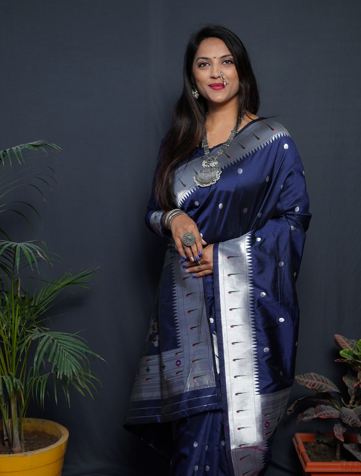 Angelic Navy Blue Paithani Silk Saree With Angelic Blouse Piece