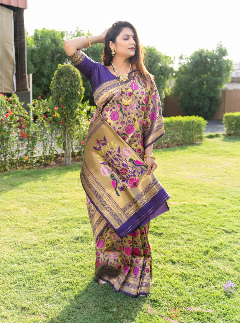 Dalliance Blue Paithani Silk Saree With Brood Blouse Piece