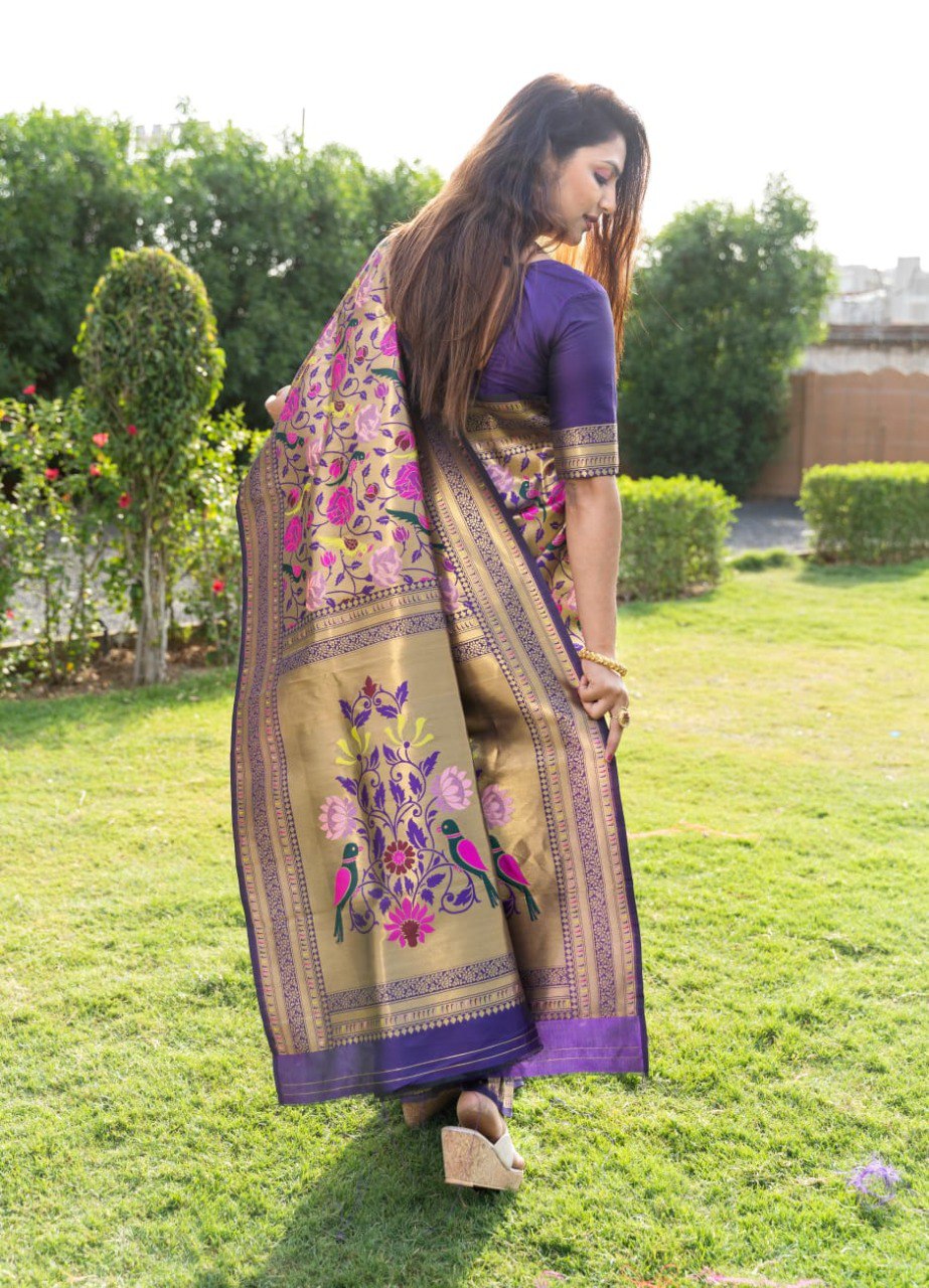 Dalliance Blue Paithani Silk Saree With Brood Blouse Piece