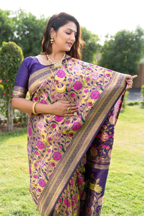 Load image into Gallery viewer, Dalliance Blue Paithani Silk Saree With Brood Blouse Piece

