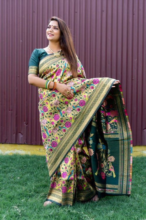 Load image into Gallery viewer, Cynosure Green Paithani Silk Saree With Brood Blouse Piece
