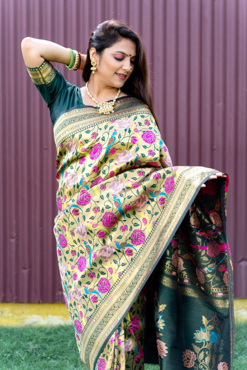 Load image into Gallery viewer, Cynosure Green Paithani Silk Saree With Brood Blouse Piece
