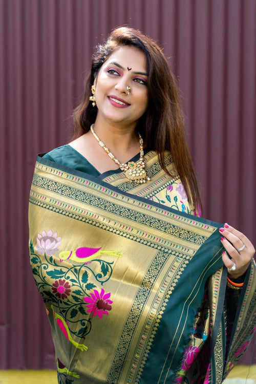 Load image into Gallery viewer, Cynosure Green Paithani Silk Saree With Brood Blouse Piece
