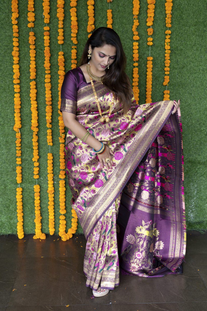 Demure Purple Paithani Silk Saree With Brood Blouse Piece