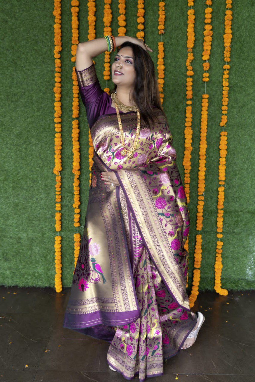 Demure Purple Paithani Silk Saree With Brood Blouse Piece