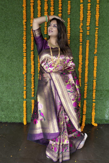 Demure Purple Paithani Silk Saree With Brood Blouse Piece