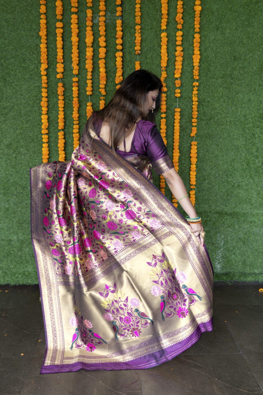 Demure Purple Paithani Silk Saree With Brood Blouse Piece