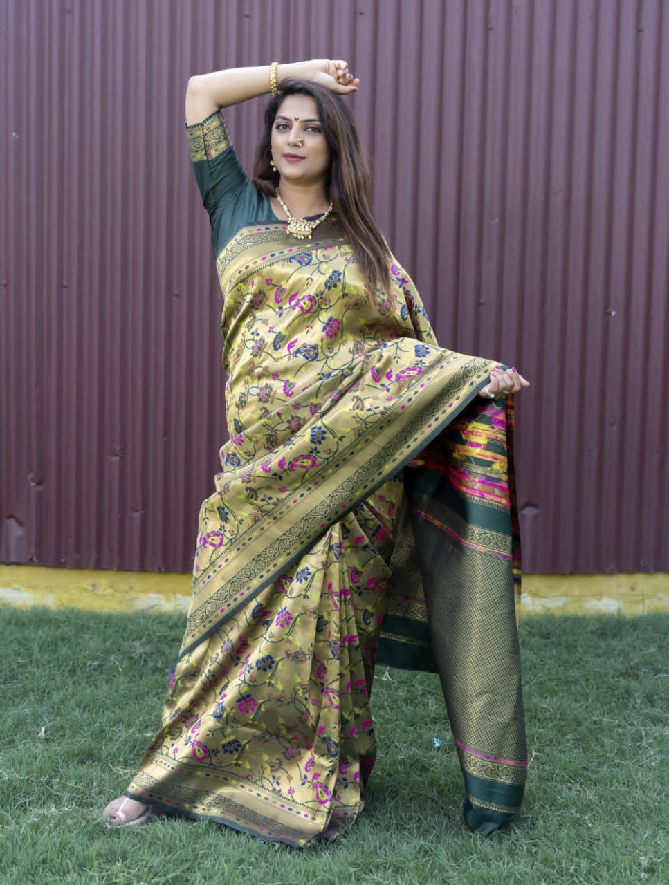 Gossamer Green Paithani Silk Saree With Mellifluous Blouse Piece