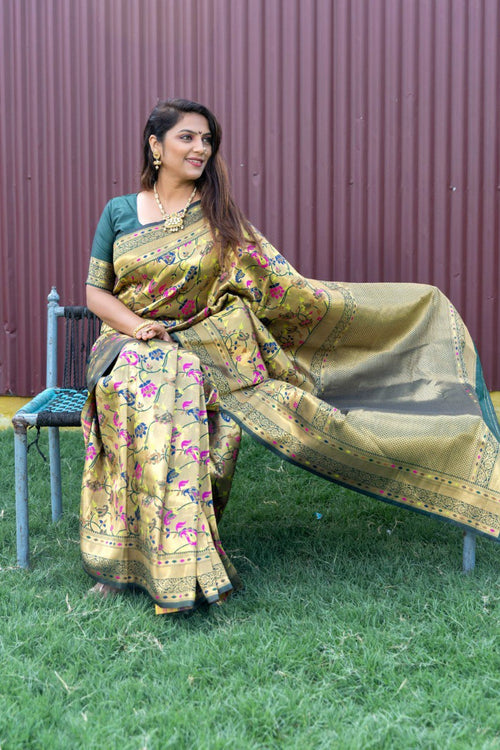 Load image into Gallery viewer, Gossamer Green Paithani Silk Saree With Mellifluous Blouse Piece
