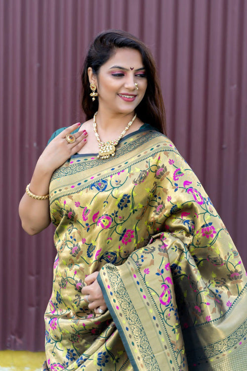 Load image into Gallery viewer, Gossamer Green Paithani Silk Saree With Mellifluous Blouse Piece
