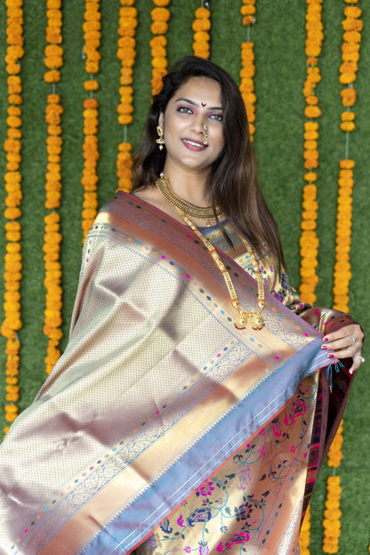 Imbrication Grey Paithani Silk Saree With Mellifluous Blouse Piece