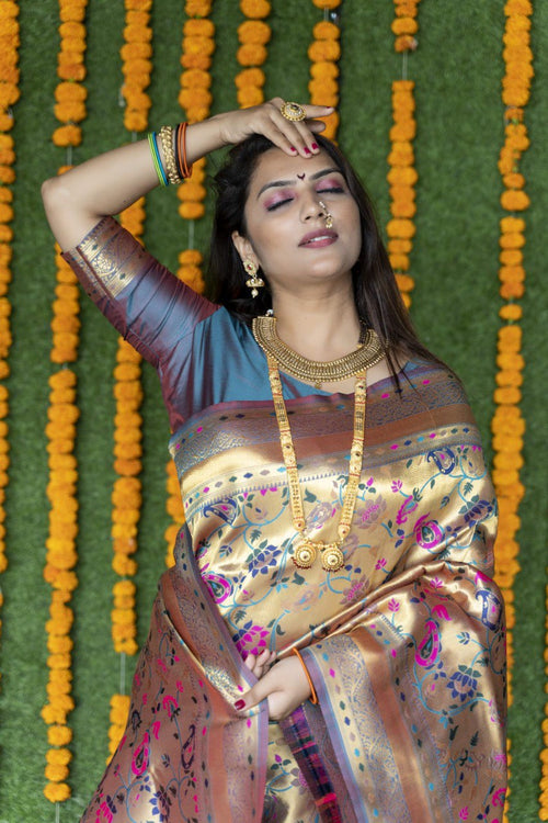 Load image into Gallery viewer, Imbrication Grey Paithani Silk Saree With Mellifluous Blouse Piece

