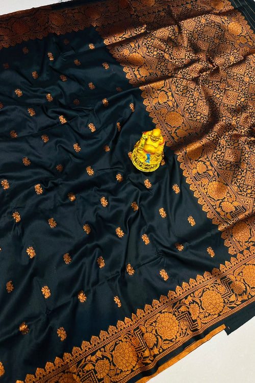 Load image into Gallery viewer, Lovely Black Soft Banarasi Silk Saree With Unique Blouse Piece
