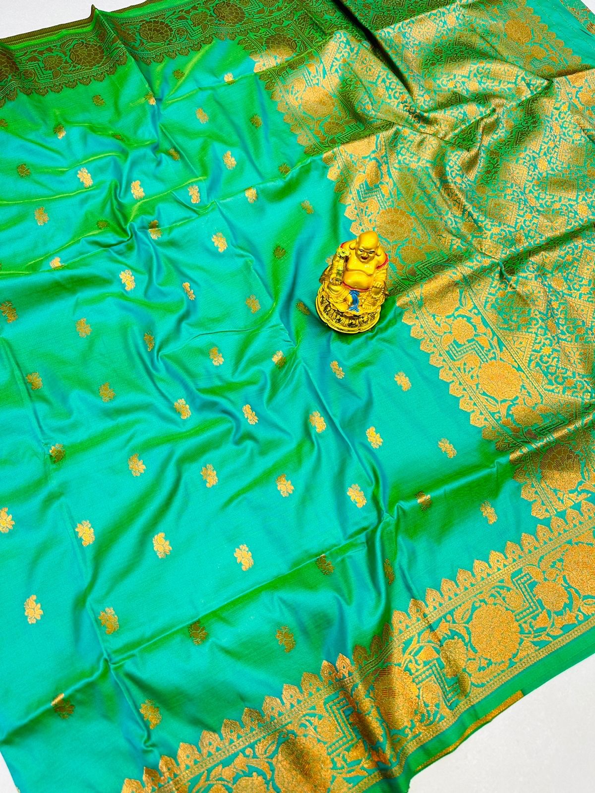 Delightful Sea Green Soft Banarasi Silk Saree With Unique Blouse Piece