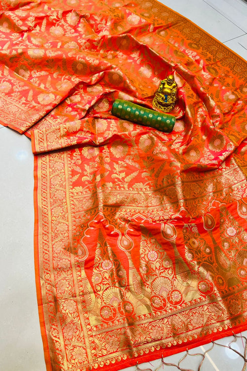 Load image into Gallery viewer, Gleaming Orange Soft Banarasi Silk Saree With Nemesis Blouse Piece
