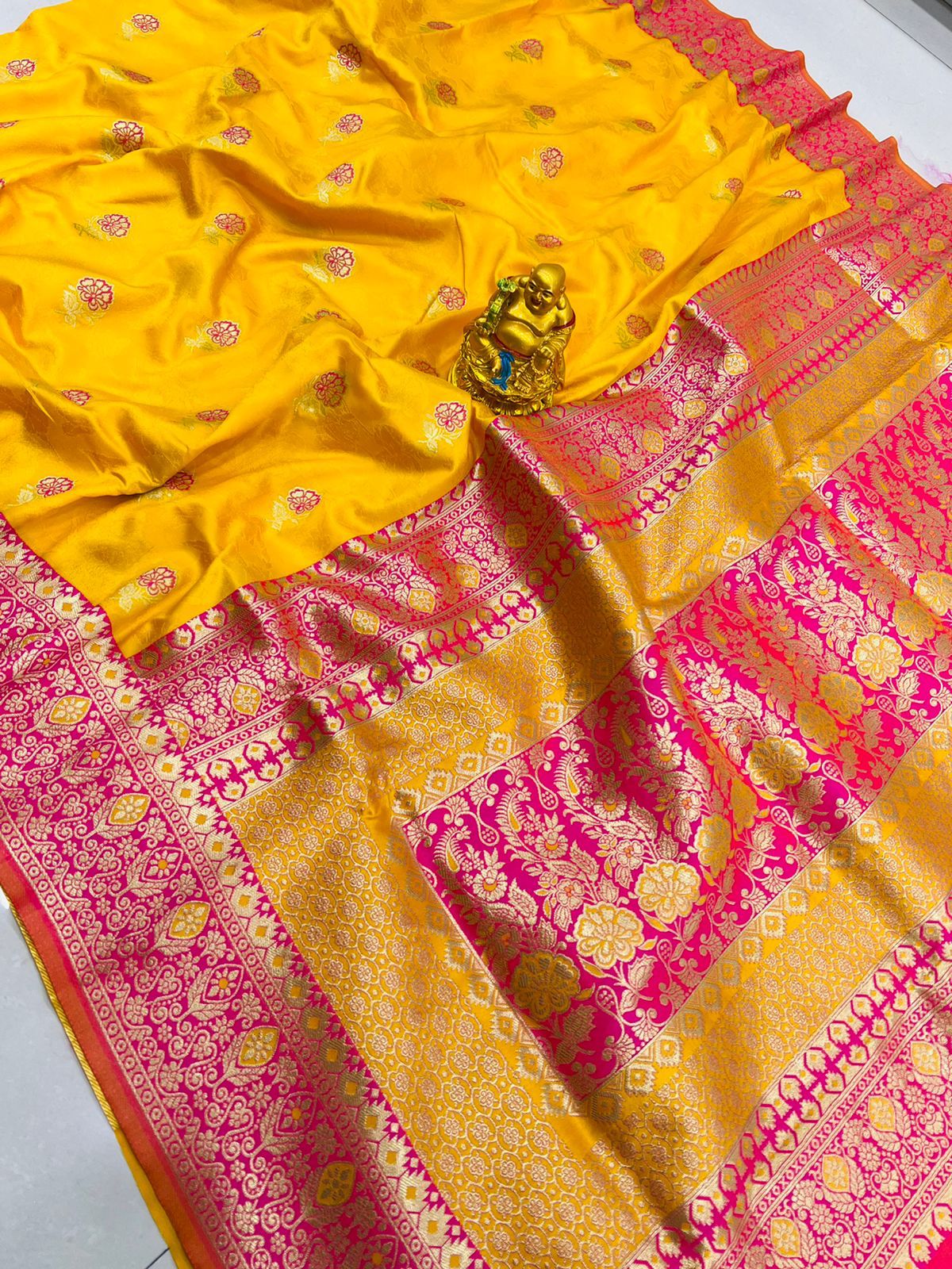 Supernal Mustard Banarasi Silk Saree With Redolent Blouse Piece