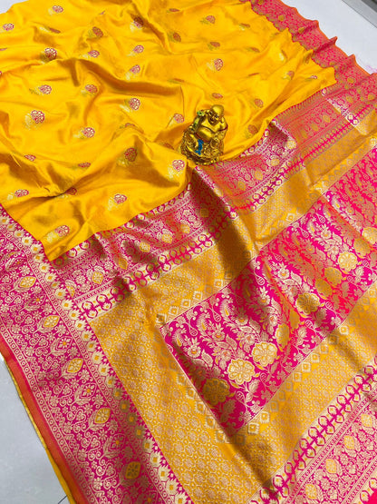 Supernal Mustard Banarasi Silk Saree With Redolent Blouse Piece
