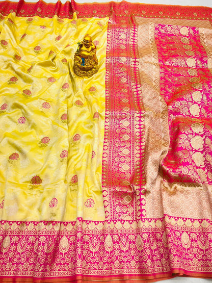Trendy Yellow Banarasi Silk Saree With Redolent Blouse Piece