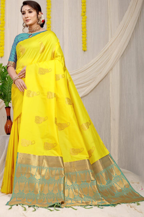 Load image into Gallery viewer, Phenomenal Lemon Banarasi Silk Saree With Engrossing Blouse Piece
