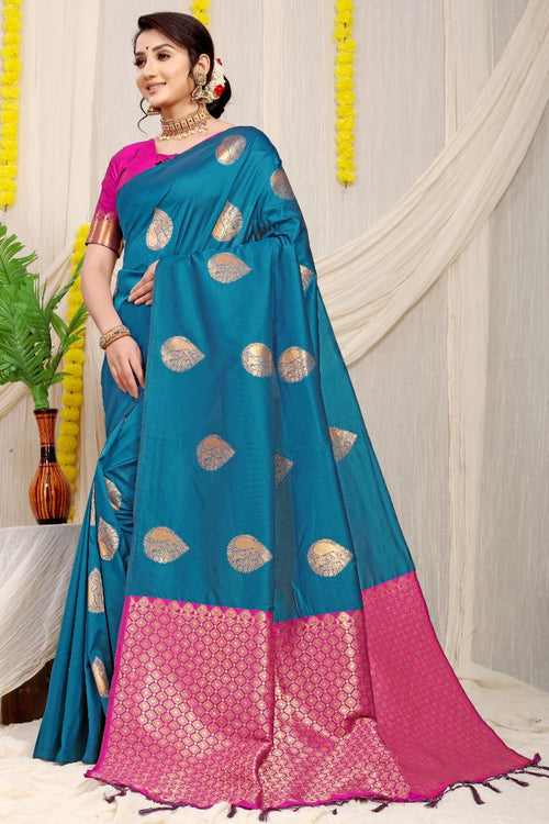 Load image into Gallery viewer, Attractive Firozi Banarasi Silk Saree With Adorable Blouse Piece
