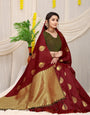 Sensational Maroon Banarasi Silk Saree With Adorable Blouse Piece