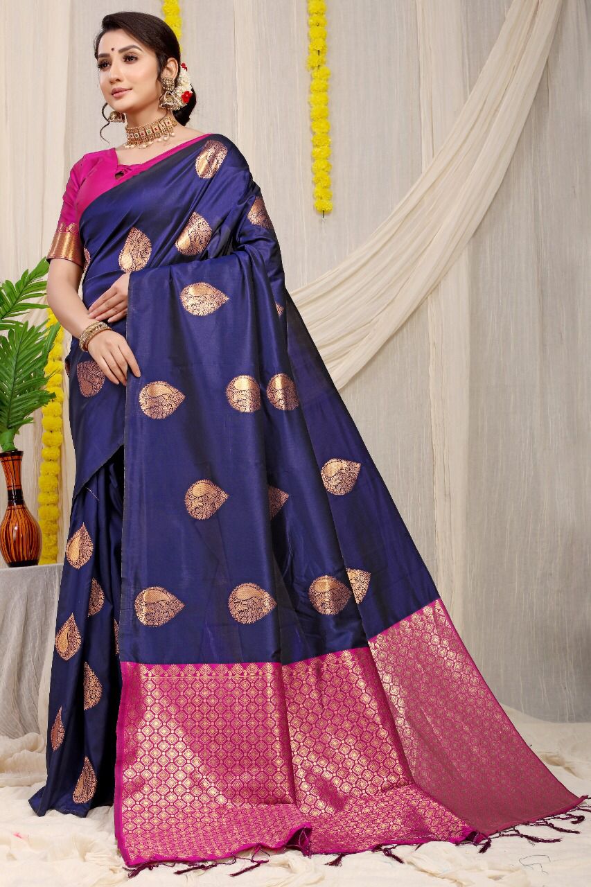 Sizzling Navy Blue  Banarasi Silk Saree With Adorable Blouse Piece