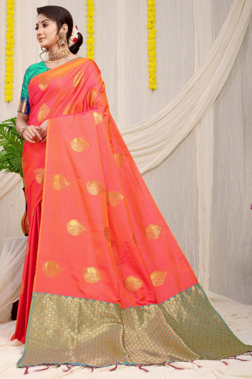 Gorgeous Peach Banarasi Silk Saree With Adorable Blouse Piece