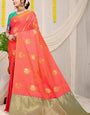 Gorgeous Peach Banarasi Silk Saree With Adorable Blouse Piece