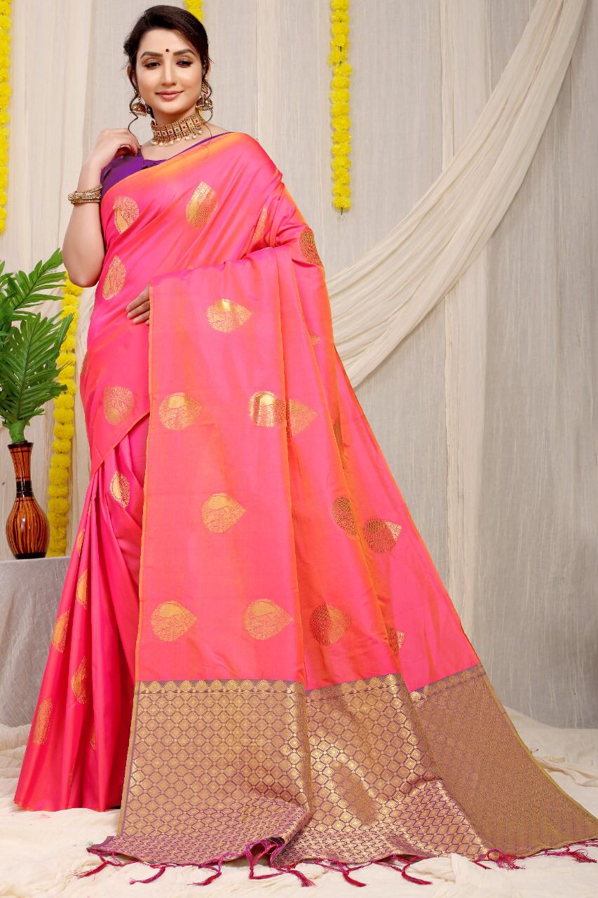 Alluring Pink Banarasi Silk Saree With Adorable Blouse Piece