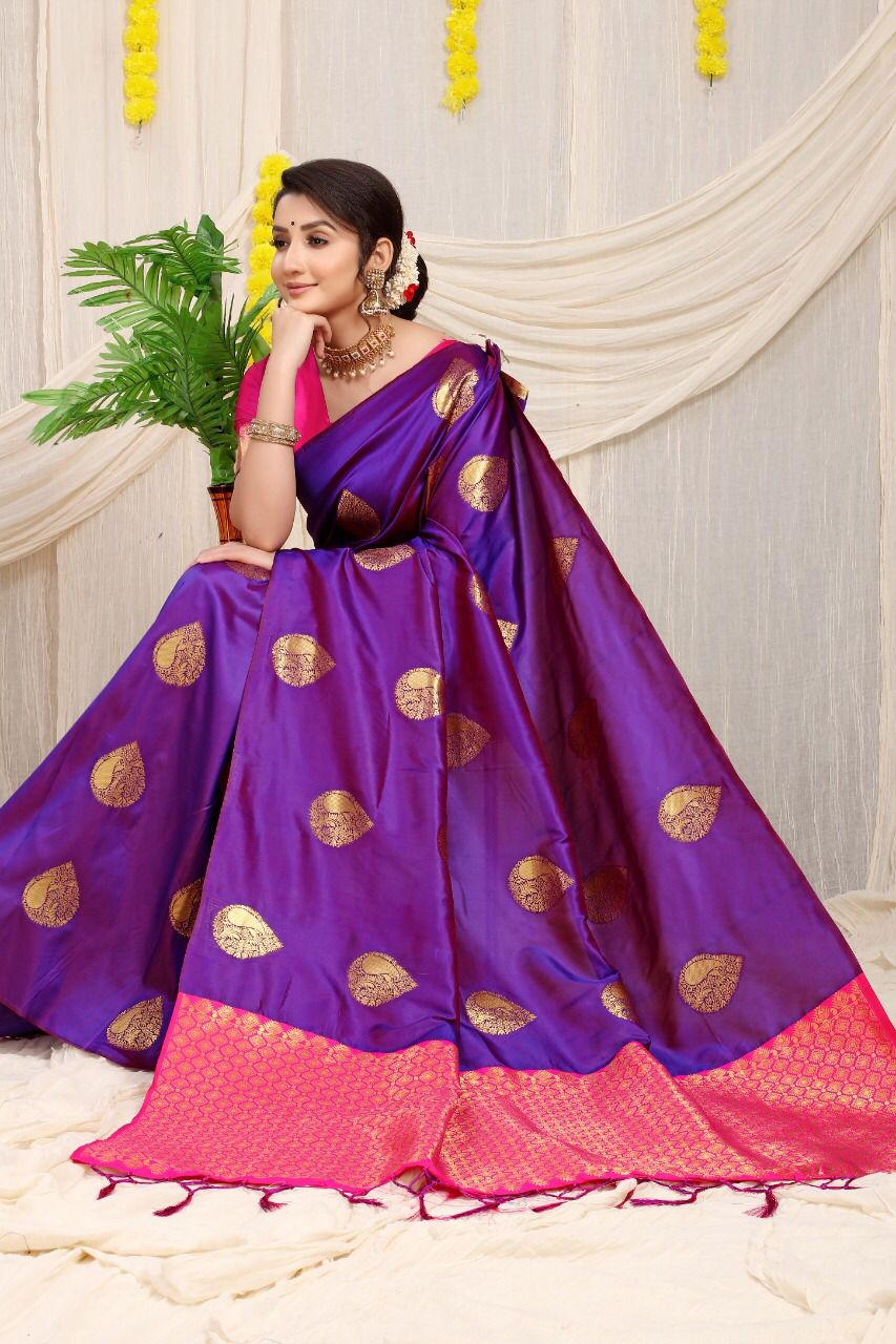 Wonderful Purple Banarasi Silk Saree With Adorable Blouse Piece