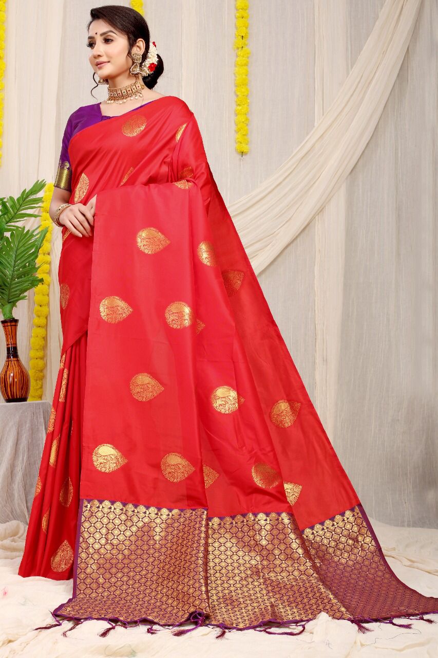 Mesmerising Red Banarasi Silk Saree With Adorable Blouse Piece