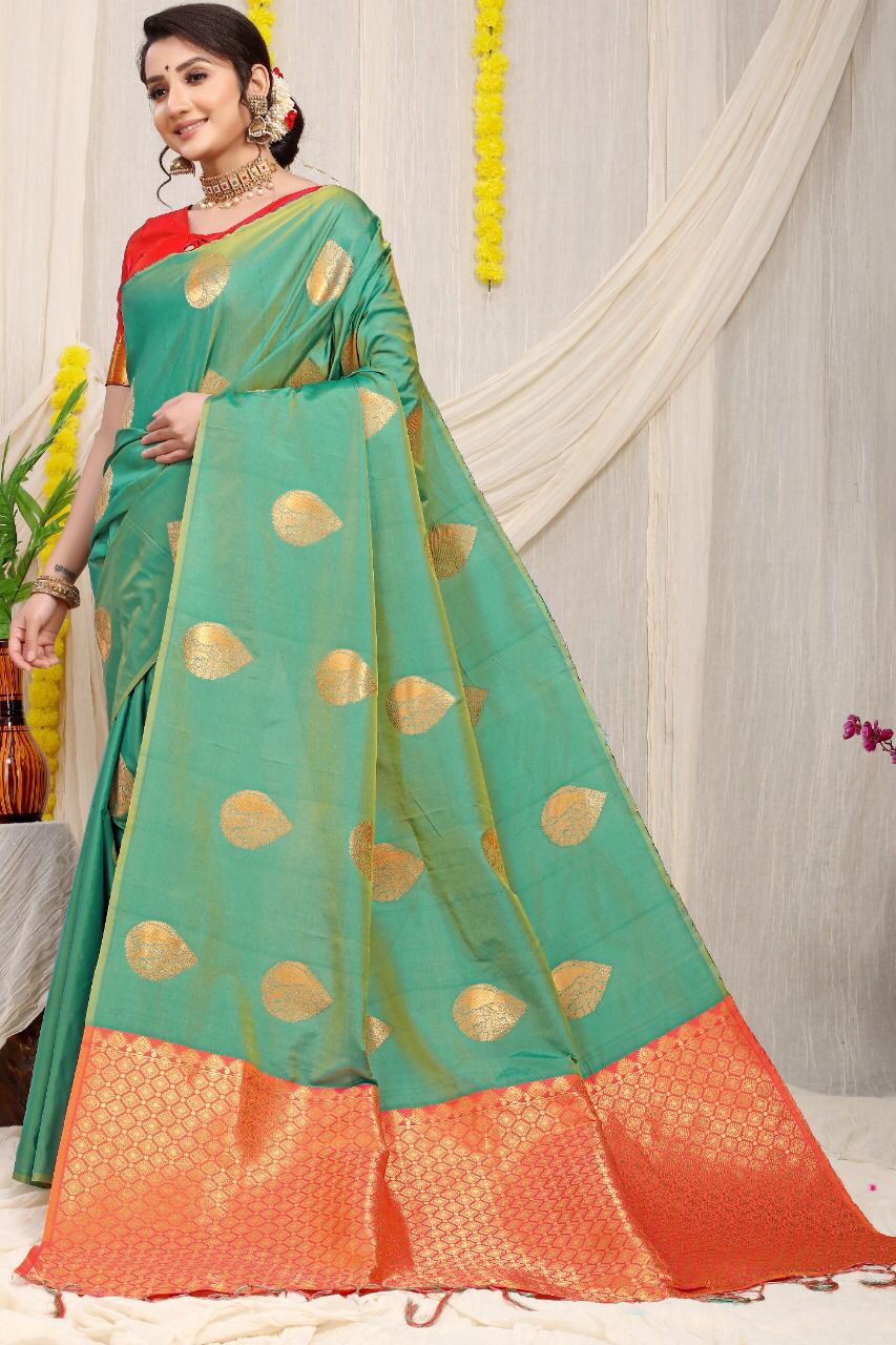 Skinny Sea Green Banarasi Silk Saree With Adorable Blouse Piece