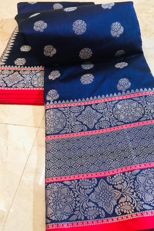 Load image into Gallery viewer, Lovely Navy Blue Banarasi Silk Saree and Incredible Golden Blouse Piece
