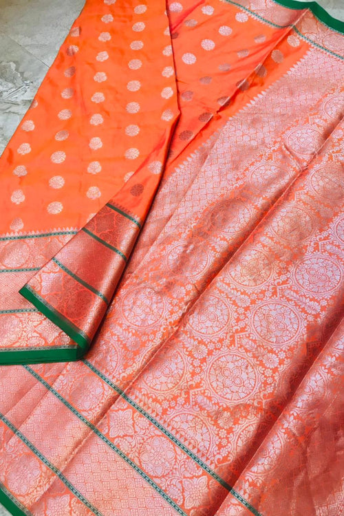Load image into Gallery viewer, Sophisticated Orange Banarasi Silk Saree and Incredible Golden Blouse Piece

