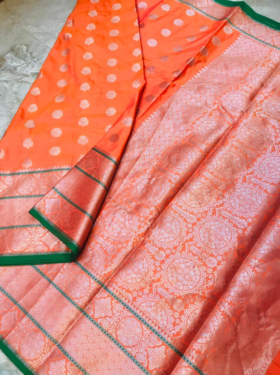 Sophisticated Orange Banarasi Silk Saree and Incredible Golden Blouse Piece