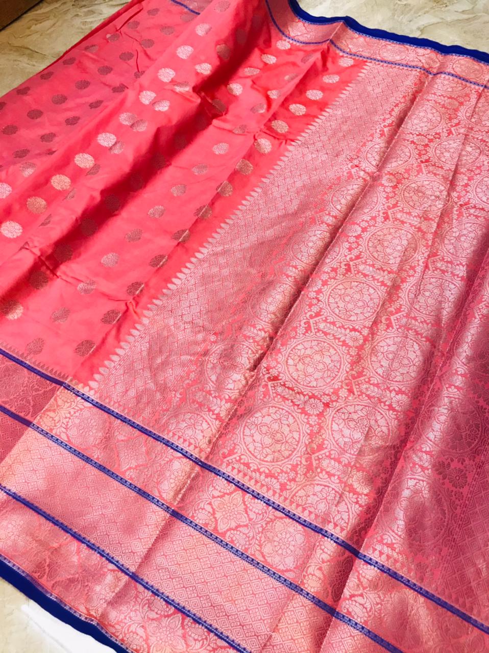 Gleaming Pink Banarasi Silk Saree and Incredible Golden Blouse Piece