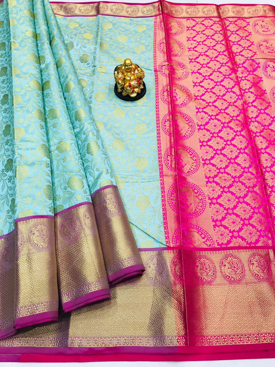 Splendiferous Sky Kanjivaram Silk With Conflate Blouse Piece